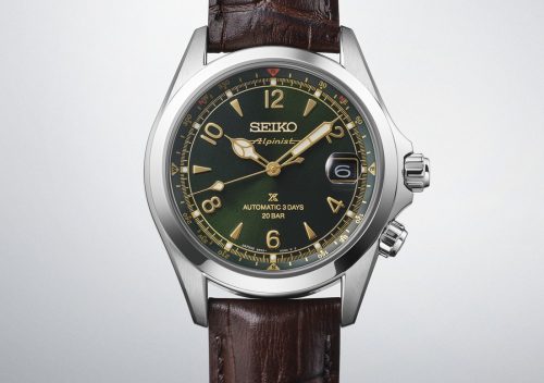 Seiko Prospex Alpinist SPB507J1 with green sunray dial, gold Arabic numerals and cathedral hands, inner compass ring, twin crowns and brown leather strap
